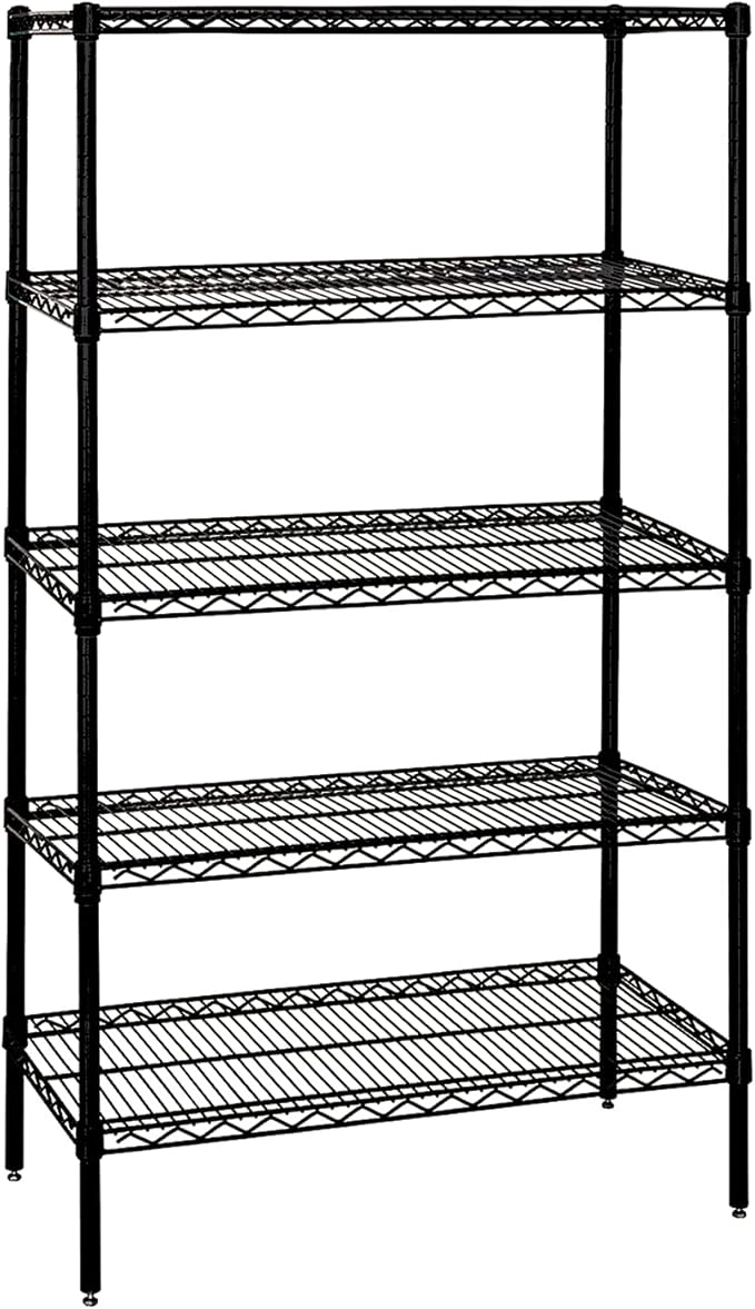 Quantum Storage Systems WR74-2124BK-5 Wire Shelving Starter Kit, 24" W x 21" D x 74" H, 600 lbs Capacity, Carbon Steel, Epoxy Coated, Black, NSF