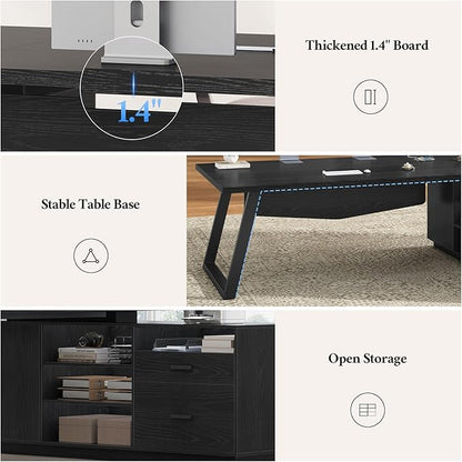 70.3 inch L Shaped Executive Desk with Power Outlets, Large Home Office Desk with Storage Drawers and File Cabinet, Modern Computer Desk with Shelves, Black Business Furniture, Square Metal Legs