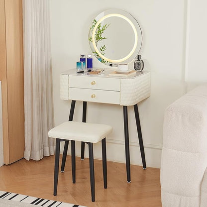 Makeup Vanity with Round Mirror,Light,Two Drawers,Cushioned Stool Set.Small Dressing Table for bedrooms and Dressing Rooms.White