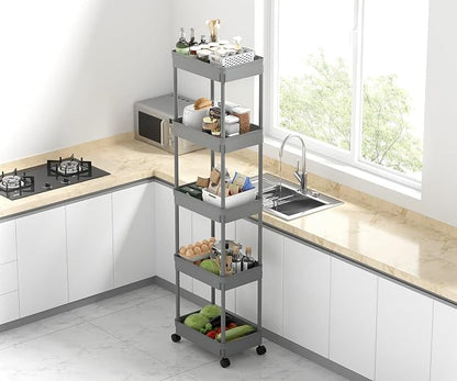 Sooyee 5-Tier Plastic Rolling Utility Cart with Wheels, Multi-Functional Storage Trolley for Office, Living Room, Kitchen, Movable Storage Organizer with Wheels,Grey
