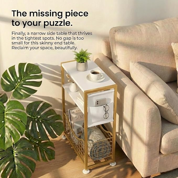 Skinny Side Table with Storage, 3 Tier Slim Side Tables for Small Spaces, Skinny End Table Narrow Bedside Table Narrow Side Table for Living Room, Bedroom