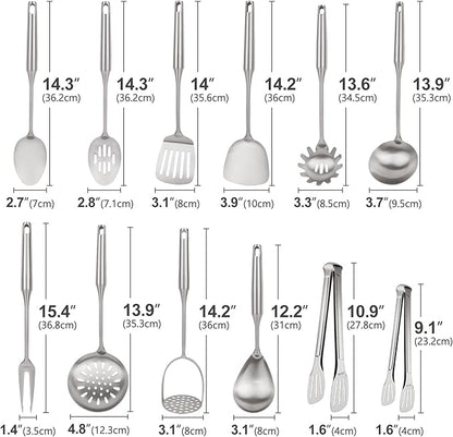 18/10 Stainless Steel Cooking Utensils Set,12pcs Metal Kitchen Utensils Set Dishwasher Safe, Heat Resistant Wok Tools Set for Cooking Enthusiasts