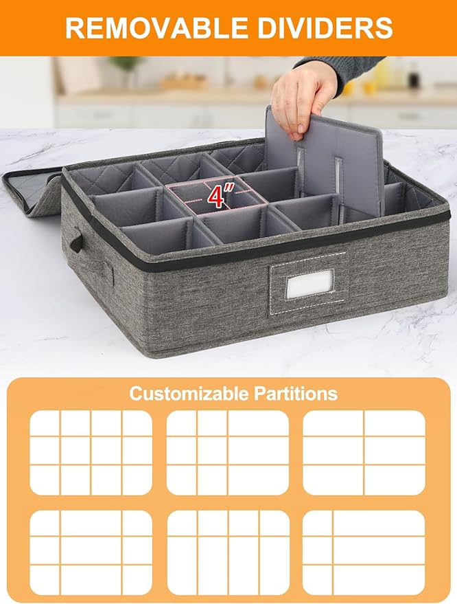 punemi China Storage Containers 5-Piece Set w/Hard Shell Sides & Bottom, Quilted Stackable Plate & Dish Storage Protectors, Adjustable Mug and Cup Storage Organizer for Moving and Dinnerware storage
