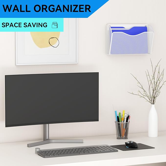 3 Single Pocket Wall File Holder, Mesh Hanging File Folder Paper Organizer, Vertical Wall Mounted Mail Basket, Storage Organization Magazine Rack for Office, Home and School, White