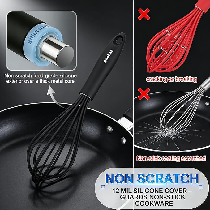 Anaeat Kitchen Whisk Set of 5, Perfect for Non-Stick Cookware, Egg Beater Milk Blender for Whisking, Cooking, Baking - 5"+7" Mini Wire Whisk and 9''+11''+12'' Silicone Balloon Whisks (Black)