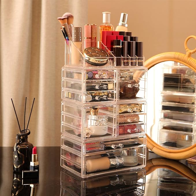 Cq Acrylic 4 Pack Clear Makeup Storage, Stackable 10 Drawer Organizer for Vanity, Jewelry, Hair Clip, Beauty & Skincare Products
