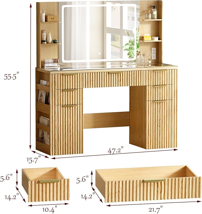 47.2" Fluted Makeup Vanity Desk with Large 28.7" Mirror and Lights, 5 Drawer Vanity with Power Strip, 6 Open Shelves, 2 Cabinet, Modern Bedroom Vanity Featuring Visual Transparent Glass