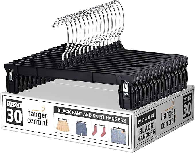 10 Inch 30 Pack Youth Pants Hangers Slim Plastic Clothes Hangers with Clips for Skirts, Shorts & Trousers Non Slip Grip, Heavy Duty Space Saver with Swivel Hook Black Organizer