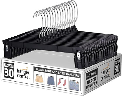 10 Inch 30 Pack Youth Pants Hangers Slim Plastic Clothes Hangers with Clips for Skirts, Shorts & Trousers Non Slip Grip, Heavy Duty Space Saver with Swivel Hook Black Organizer
