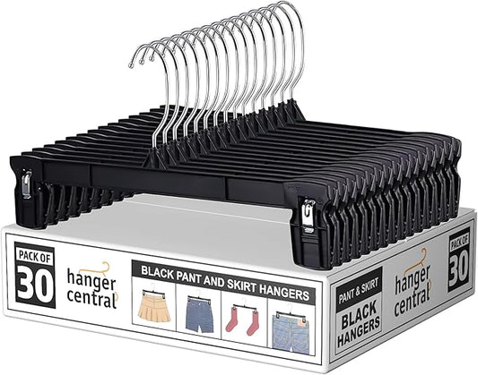 10 Inch 30 Pack Youth Pants Hangers Slim Plastic Clothes Hangers with Clips for Skirts, Shorts & Trousers Non Slip Grip, Heavy Duty Space Saver with Swivel Hook Black Organizer