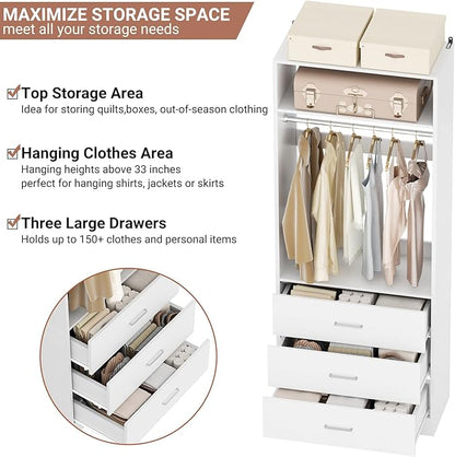Closet System Set of 2, 4FT Closet Systems with 6 Wood Drawers, 48" Closet Organizer System with 2 Hanging Rods & 2 Shelves, Heavy Duty 48 Inch Walk-in Closet , White (48"L x 15" W x 80" H)