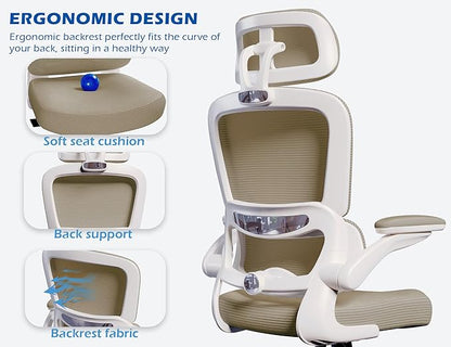 TRALT Ergonomic Office Chair - Desk Chair with Adjustable Headrest Lumbar Support Computer Chair - Mesh Comfy Chair with Flip-up Armrests - Gaming Chairs for Adults Home Office (PU Leather,Khaki)