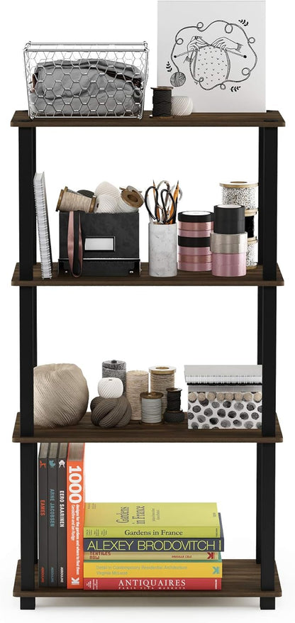 Furinno TURN-S-TUBE Storage Shelves, 4-Tier Book Shelf, Corner Shelf, Toolless Open Shelves, for Organization and Storage, Living Room, Garage, Home Office, Columbia Walnut