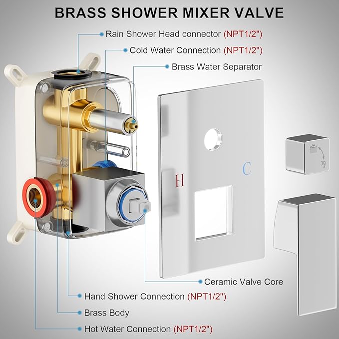 Shower Faucet Set Bathroom Square Rain Shower Head and Handle Set, Wall Mounted Shower Fixtures With Shower Valve and Trim Kit 10 inch Polished Chrom