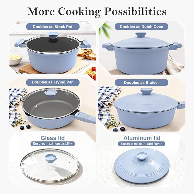 Pots and Pans Set Non Stick, Nonstick Cookware Set, Steamer Pot and Pan for Cooking, Kitchen Cookware Sets Non Toxic, Induction Compatible, Detachable Handle, Oven Safe, PFOS & PFOA Free,Blue