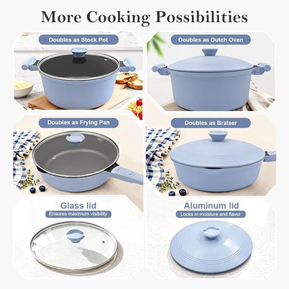 Pots and Pans Set Non Stick, Nonstick Cookware Set, Steamer Pot and Pan for Cooking, Kitchen Cookware Sets Non Toxic, Induction Compatible, Detachable Handle, Oven Safe, PFOS & PFOA Free,Blue