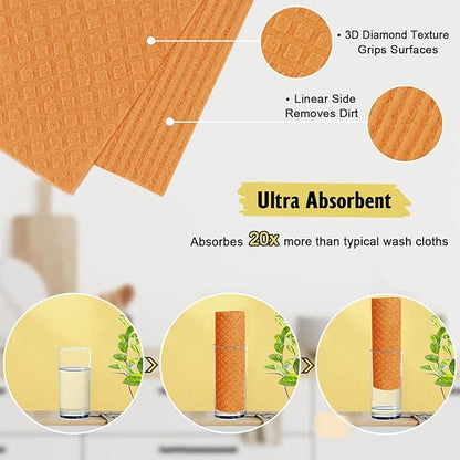 MoLKENE Swedish Dishcloths - 10 Pack Reusable Kitchen Dishcloths - Ultra Absorbent Dish Towels for Washing Dishes - Cellulose Sponge Cloth Cleaning Cloths - Orange