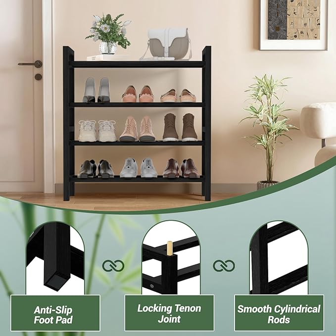 Haddockway Bamboo Shoe Rack for Closet, Free Standing Shoe Organizer with Smooth Round Rods & Convenient Handles, Stackable Shoe Storage Shelf for Entryway, Hallway(Black, 4-Tier(Small))