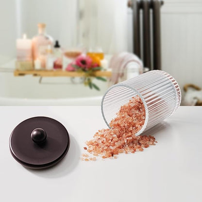 SheeChung 4-Pack Bronze Ribbed Glass Qtip Holder - Apothecary Jars Bathroom Organizer Set with Lids - Vanity Storage Canisters for Cotton Balls, Pads, Swabs, Floss Picks - Modern Farmhouse