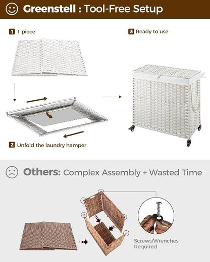Greenstell Laundry Hamper with Wheels&Lid,130L Large 3 Sections Clothes Hamper with 2 Types Removable Liner Bags, 5 Mesh Laundry Bags, Handwoven Divided Laundry Basket White