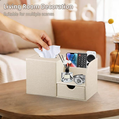 Nightstand Organizer with Tissue Holder,PU Leather Square Tissue Box Cover,Modern Facial Paper Organizer Storage Box for Remote Control,Bathroom,Vanity Countertop,End Table Home Office.Beige