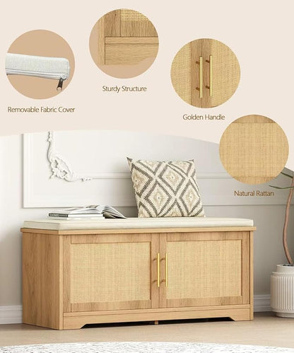 Rattan Shoe Storage Bench with Cushion, 39.4" Wide Entryway Bench with Adjustable Shelf, Hidden Shoe Organizer Cabinet, for Hallway, Living Room, Bedroom, Natural Oak