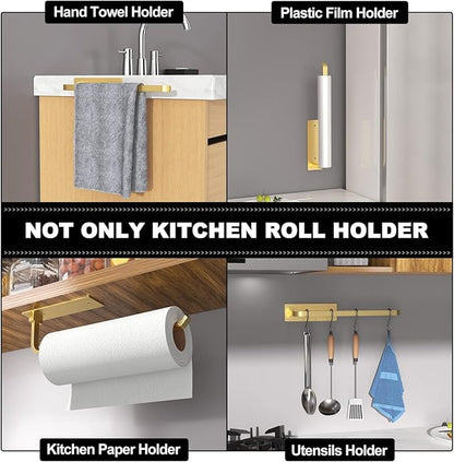 Paper Towel Holder - Self-Adhesive or Drilling, Gold, Upgraded Aluminum Kitchen Roll Dispenser Under Cabinet, Lighter but Stronger Than Stainless Steel!