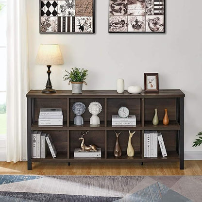 FATORRI 8 Cube Storage Organizer Bookshelf, 62 Inch Rustic Wood Horizontal Bookcase, Industrial Cube Long Book Shelf for Living Room (Walnut Brown)