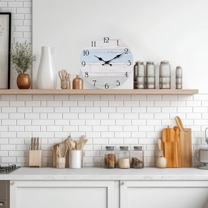 Wall Clock 10 Inch Silent Non-Ticking Coastal Beach Style Wall Clocks Battery Operated Rustic Retro Decorative for Kitchen, Bathroom, Living Room, Laundry Room(Azure Blue)