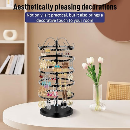 5 Tier 360 Rotating Earring Holder Organizer Stand, Jewelry Tree Rack, 220 Holes Display Storage for Stud Hoop Earrings, Vintage Metal Design, Space Saving Table Decor