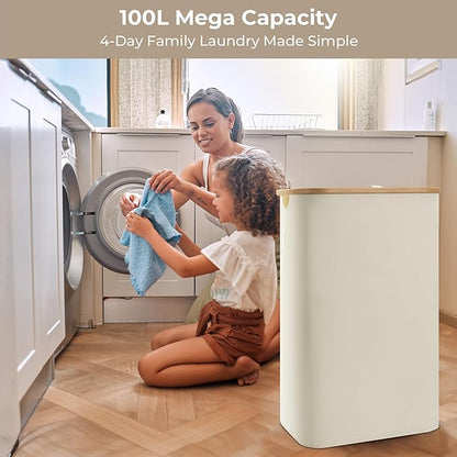 StorageWorks 100L Large Laundry Hamper with Lid, Tall Laundry Basket with Bamboo Handles and 1 Removable Inner Bag, Collapsible Laundry Hamper for Clothing, Towels, Beige, 1-Pack