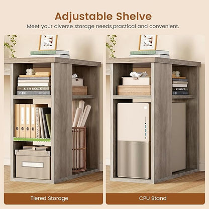SEDETA 55.1" Executive Computer Desk with 3 Drawers, Farmhouse Office Desk with File Drawer & Storage Shelves, Executive Desk with Power Outlet for Home Office, Grey