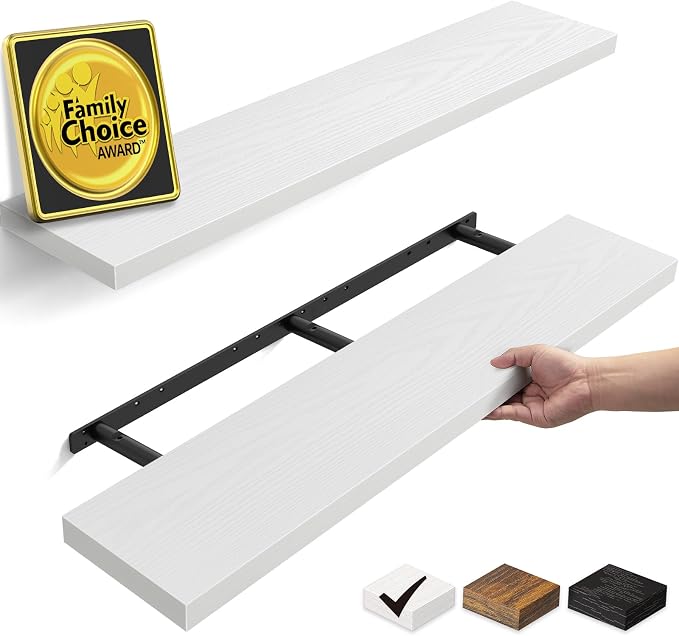 BAYKA Floating Shelves Set of 2, 47.2 inches Long Heavy Duty Wall Mounted Rustic Wood Shelves for Bathroom, Bedroom, Living Room, Kitchen, Office, Hanging Shelf for Books/Storage/Decor, White