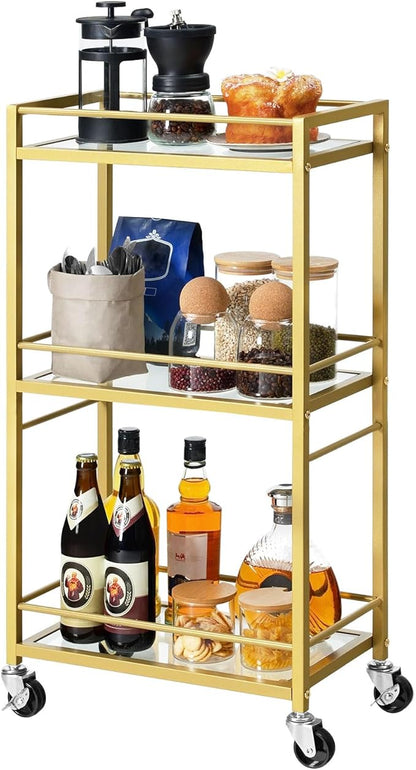 Bar Cart for The Home, 3-Tier Drink Cart on Wheels, Home Bar Serving Cart, Mini Bar Cart for Small Space, Kitchen, Dining Room, Gold RCJ40B01