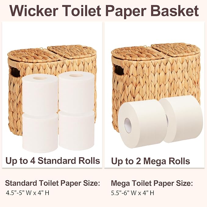 FairyHaus Wicker Toilet Paper Storage Basket with Lid & Handles, 4 Rolls Handwoven Toilet Paper Holder with Storage, Natural Water Hyacinth Toilet Paper Holder Stand Basket for Bathroom