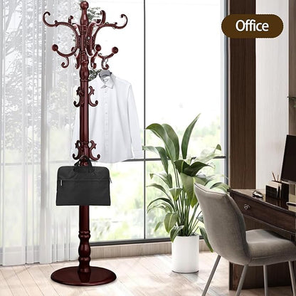 Coat Rack Freestanding, Wooden Coat Tree with Stable Round Base, Vintage Heavy Duty Coat Rack Stand with 14 Hooks, Coat Hanger Stand for Bedroom, Office, Entryway (Mahogany)