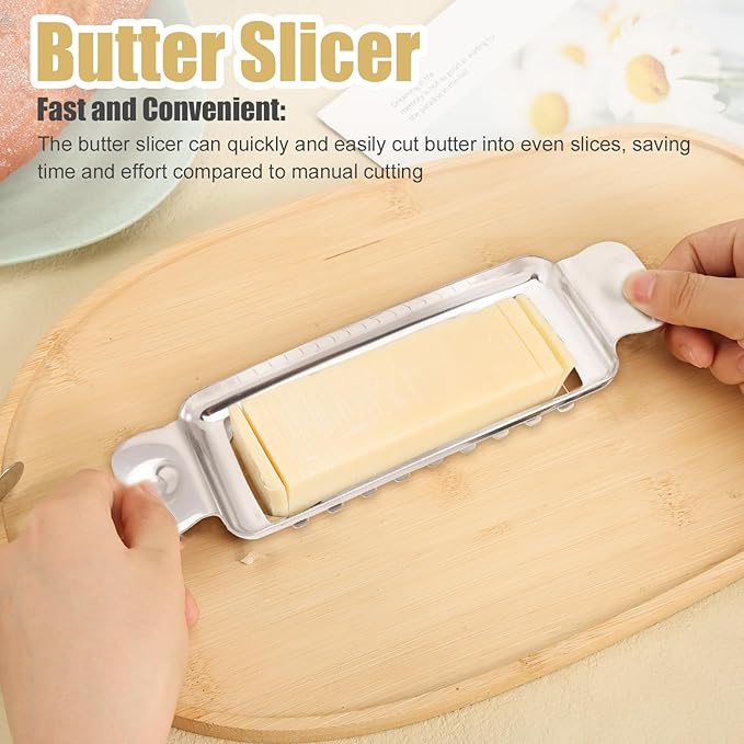 lasuroa Butter Slicer Cutter, Stainless Steel Ergonomic Cheese Slicer Cheese Even Stick Slicing Tool for Portion Control Cheese Wire Slicer with Portable Grip for Food Square Block Butter(Silver)
