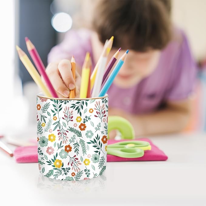 WAVEYU Desk Pen and Pencil Holder, Ceramic Multifunctional Organizer for Home, Office, and School, Green Floral Pattern