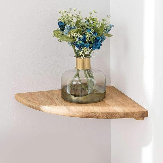 Conamily Corner Shelf, Solid Oak Wood Floating Corner Shelf Wall Mount Round End Floating Speaker Shelves with Wire Hole for Small Plant Photo Frame for Bedroom Kitchen, Living Room (Oak, 7.1in)