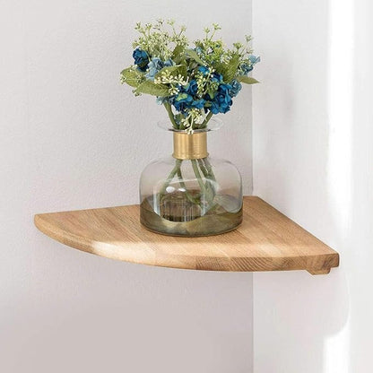 Conamily Corner Shelf, Solid Oak Wood Floating Corner Shelf Wall Mount Round End Floating Speaker Shelves with Wire Hole for Small Plant Photo Frame for Bedroom Kitchen, Living Room (Oak, 7.1in)