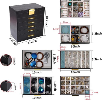 BOOVO Jewelry Boxes for Women, White and Black 6 Layer Large Jewelry Box for Necklace, Bracelet, Earrings, Rings Storage, Jewelry holder Organizer for Girls Gift (Black and Gold, 6 layer)