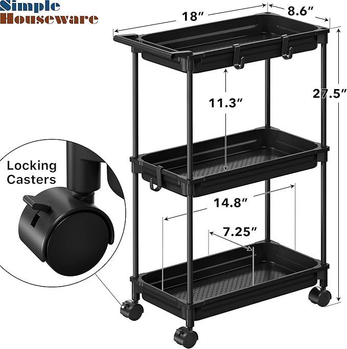 SimpleHouseware Standard 3-Tier Slim Rolling Storage Cart, Black