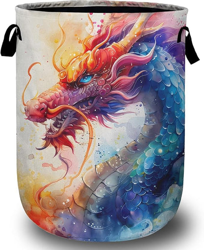 Colorful Dragon Laundry Basket, Foldable Waterproof Laundry Hamper Tote Bag Dirty Clothes Storage Bucket Toy Organizer for Bathroom/Laundry/Bedroom 15.7"x19.6"