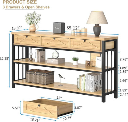 HSH Sofa Table with Storage, 55” Wood Entryway Table with 3 Drawers, 3 Tier Console Table Behind Couch for Living Room, Farmhouse Wooden and Metal Entry Hallway Table for Entrance, Oak, 55 in