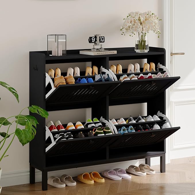 Garvee 4 Flip Drawer Shoe Cabinet with Adjustable Shelves, Hidden Shoe Organizer with Large Capacity, Freestanding Wooden Shoe Rack for Entryway, Hallway, Living Room, Black