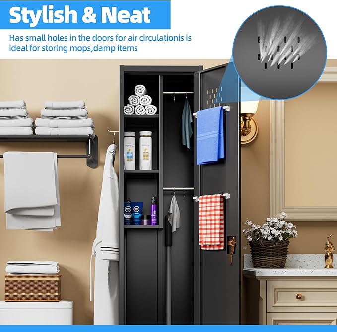 72" H Broom Closet Storage Cabinet, Metal Garage Storage Cabinet with Wheels, Pegboard, Locking Door and Hooks for Garage, Home, Utility Cleaning Cabinet for Broom and Mops, Black