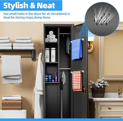 72" H Broom Closet Storage Cabinet, Metal Garage Storage Cabinet with Wheels, Pegboard, Locking Door and Hooks for Garage, Home, Utility Cleaning Cabinet for Broom and Mops, Black