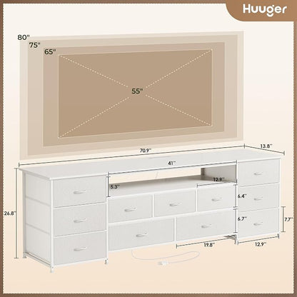 Huuger 70 Inch TV Stand for 75, 80 Inch TV, 11 Drawer Long Dresser with Power Outlets and LED Lights, Entertainment Center with Storage, White Dresser with PU Leather Surface