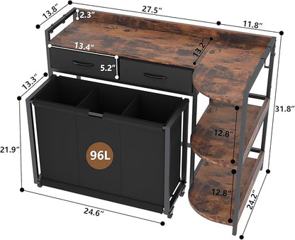 L Shaped Laundry Hamper Laundry Basket with 3 Section Pull-Out Rolling Bags & 3-Tier Storage Shelf, Laundry Sorter for Organization and Storage with 2 Drawers for Laundry Room