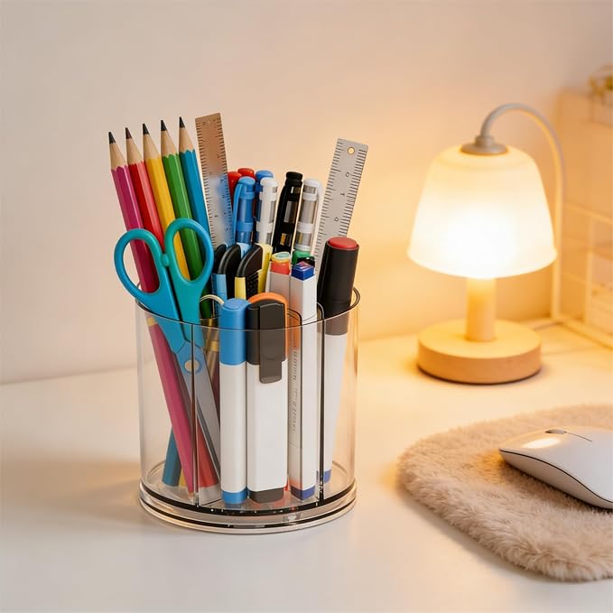 Yieach 360 Rotating Acrylic Clear Pen Holders and Pencil Cups for Desk,Small Cute Desk Organizers Accessories and Makeup Brush Holder,Spinning Pencil Caddy School Supplies Organizer for Teacher,1PCS